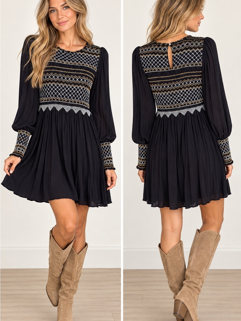 Free People Black Embroidered Long-Sleeve Swing Dress